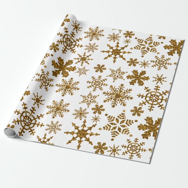 Golden Glitter Snowflakes Christmas Pattern Wrapping Paper (Unrolled)