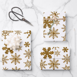 Golden Glitter Snowflakes Christmas Pattern Wrapping Paper Sheet