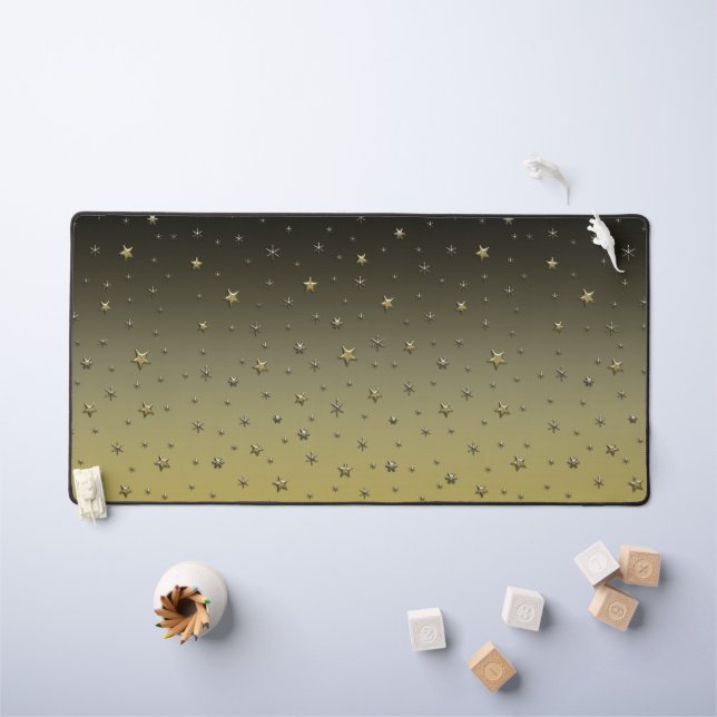 Golden glitter stars, snowflake on gold night sky desk mat (Kids Table)