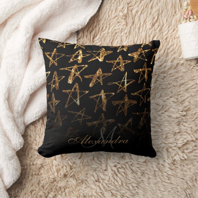 Golden Glitter Stars Throw Pillow (Blanket)
