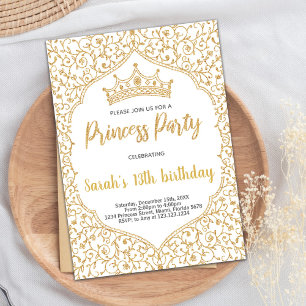 Golden Glitter White Princess Birthday Invitation