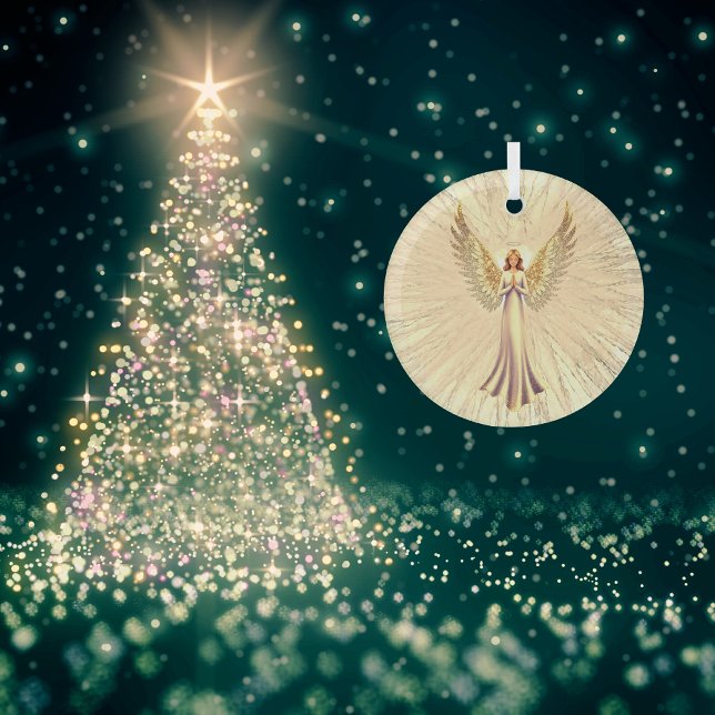 Golden Glitter Wings Healing Christmas Angel Glass Ornament (Christmas Tree)