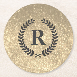 Golden Glitter With Monogram Round Paper Coaster