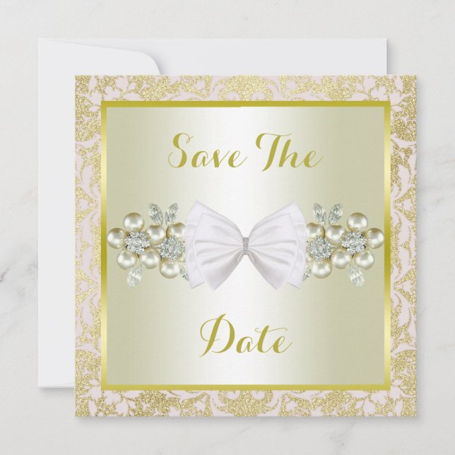 Golden Glitters, Diamond Floral Gems & Bow Wedding Save The Date (Front)