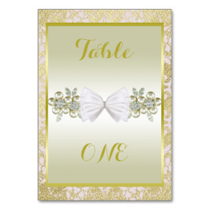 Golden Glitters, Diamond Floral Gems & Bow Wedding Table Number