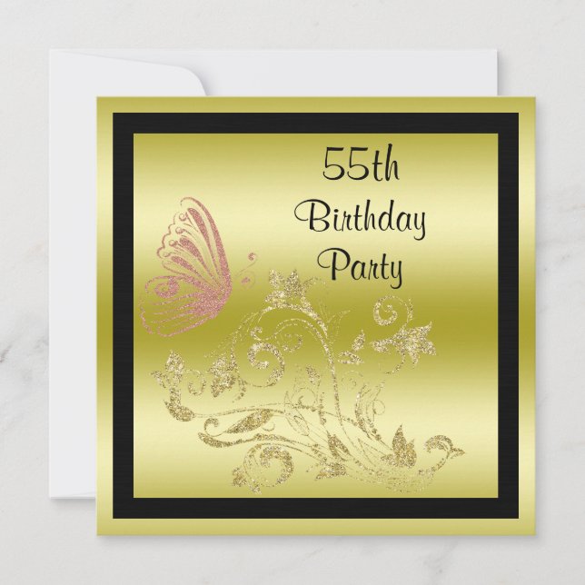Golden Glitters & Sparkly Butterfly 55th Birthday Invitation (Front)