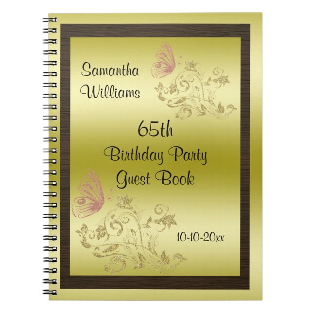 Golden Glitters & Sparkly Butterfly 65th Birthday Notebook (Front)