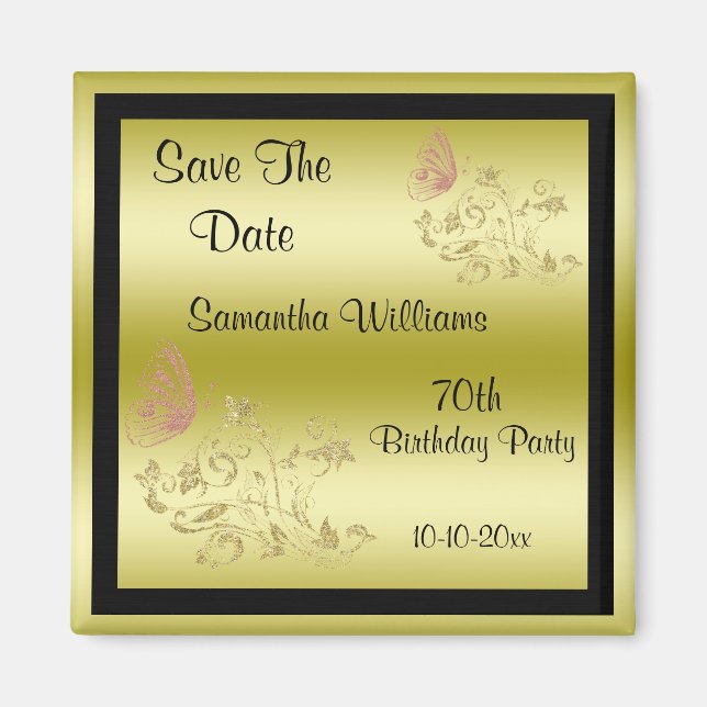 Golden Glitters & Sparkly Butterfly 70th Birthday Magnet (Front)