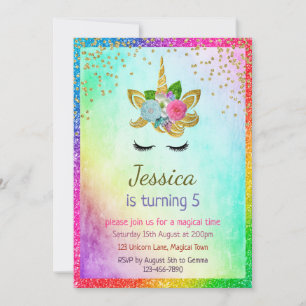 Golden Glittery Unicorn Girl´s 5th Party Invitation