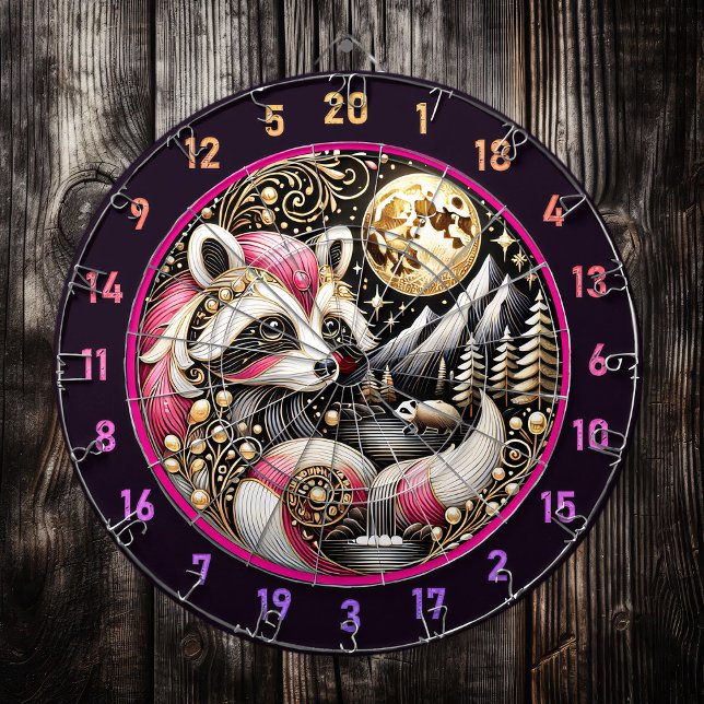 Golden Glow Highlights Playful Pink Raccoon Dartboard (Creator Uploaded)