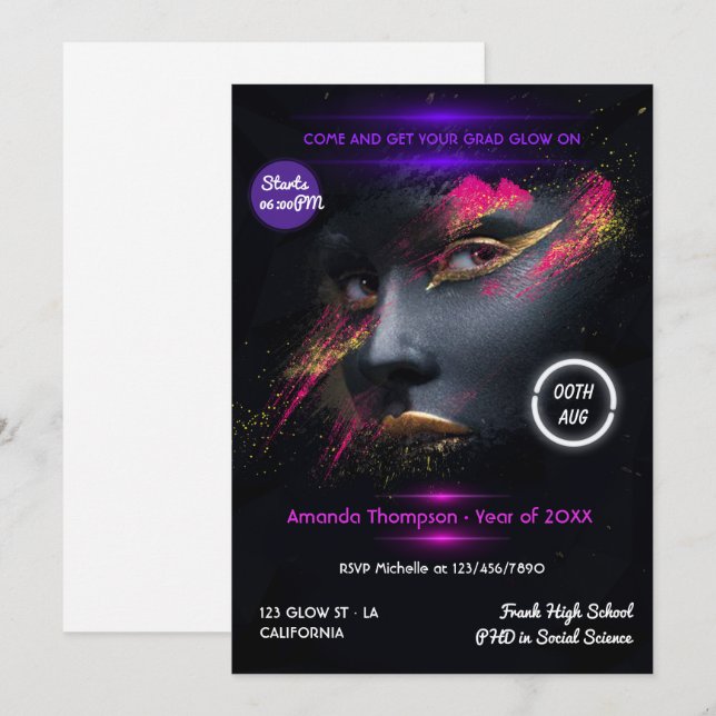 Golden Glow in the Dark Neon Graduation Party Invi Invitation (Front/Back)