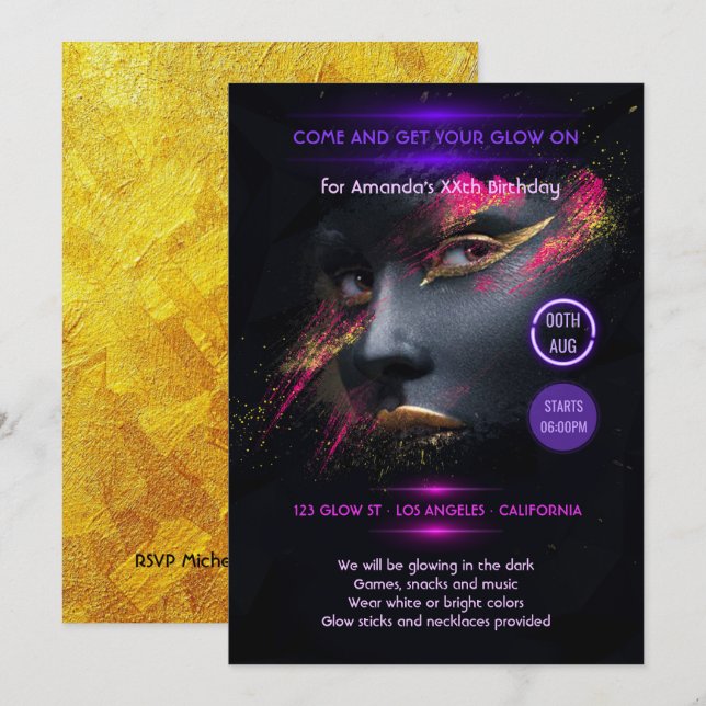 Golden Glow in the Dark Neon Party Invitation (Front/Back)