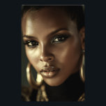 Golden Glow Melanin Fierce Portrait Photo Print<br><div class="desc">Golden-bronze light sculpts flawless deep brown skin, highlighting razor-sharp cheekbones, glossy lips, and piercing eyes framed by smoky glitter shadow. A sleek short natural cut and massive gold hoop earrings add bold luxury against a deep black background. The intense close-up exudes fierce confidence, unapologetic melanin beauty, cultural pride, regal power,...</div>