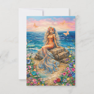 Golden Goddess Floral Mermaid Flat Card