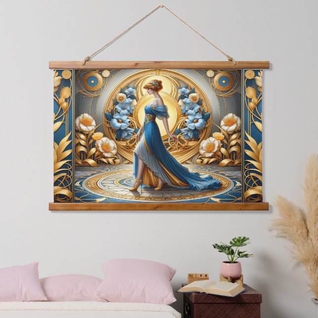 Golden Goddess in Art Nouveau Bloom Hanging Tapestry (Bedroom)