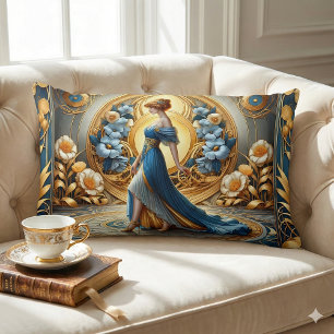 Golden Goddess in Art Nouveau Bloom Lumbar Pillow