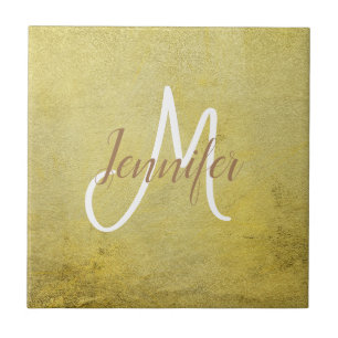 Golden Gold Simple Metallic glam Name Monogram Tile