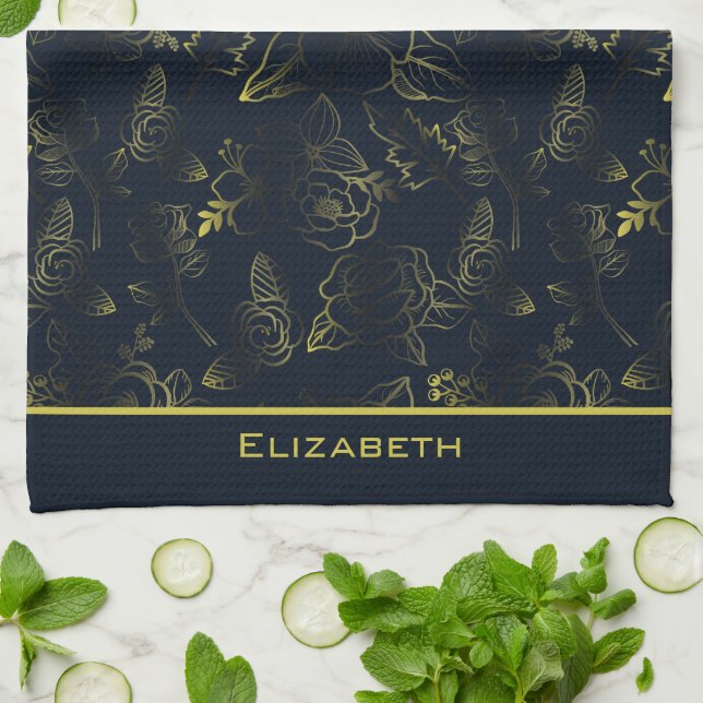 Golden gradient floral pattern personalized name  kitchen towel (Folded)