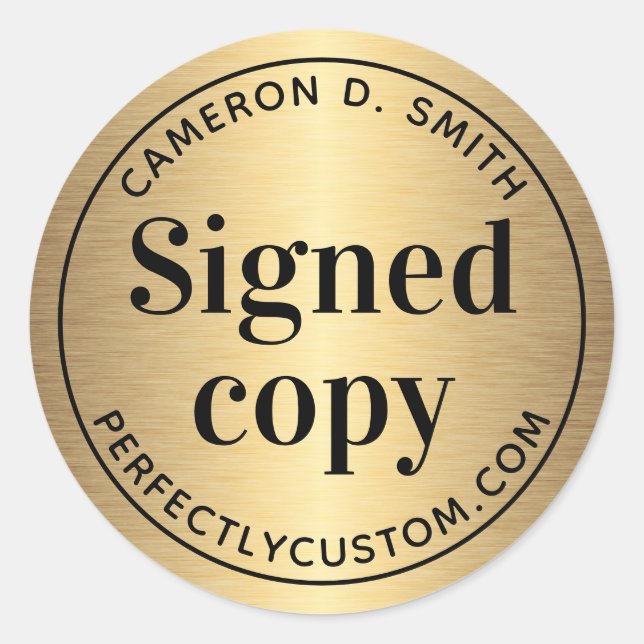 Golden gradient signed copy author name website classic round sticker (Front)