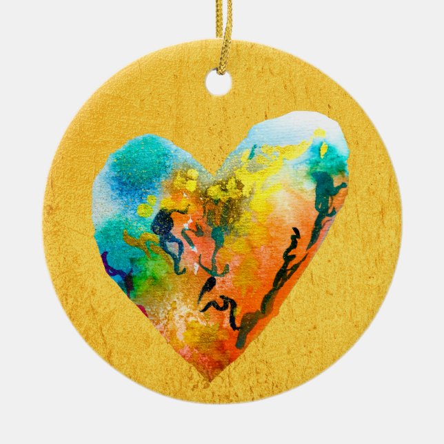 Golden graffiti heart watercolor art ceramic ornament (Front)