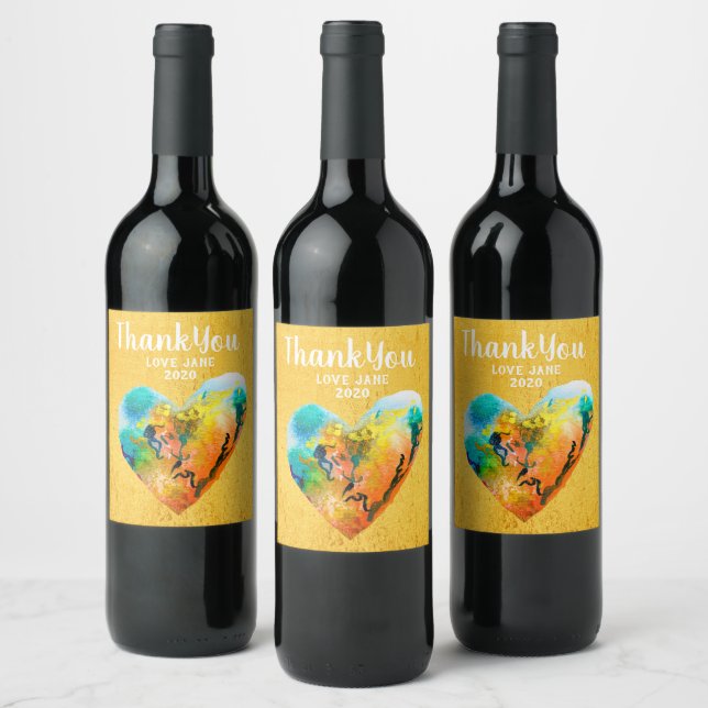 Golden graffiti heart watercolor art wine label (Bottles)