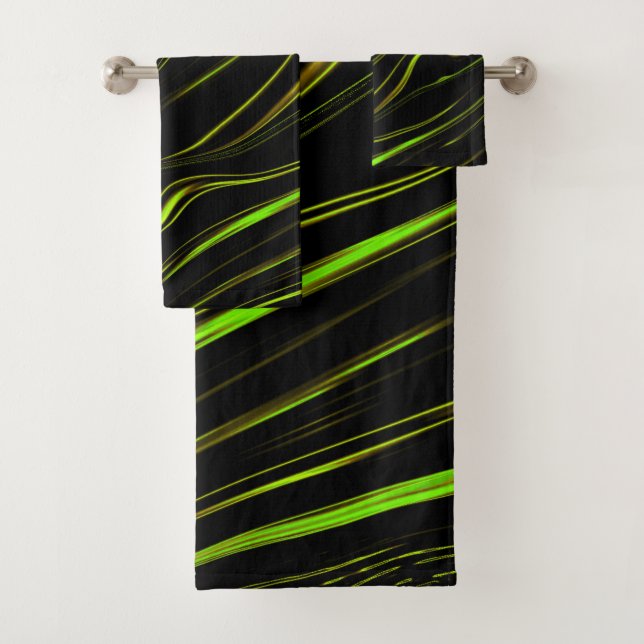 Golden grass or wavy green long strokes on black bath towel set (Insitu)
