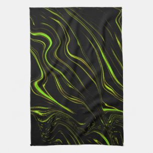 Golden grass or wavy green long strokes on black kitchen towel