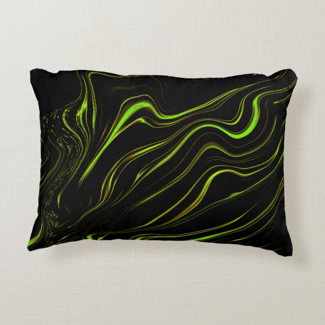 Golden grass, wavy green long traces on black fund accent pillow (Back)