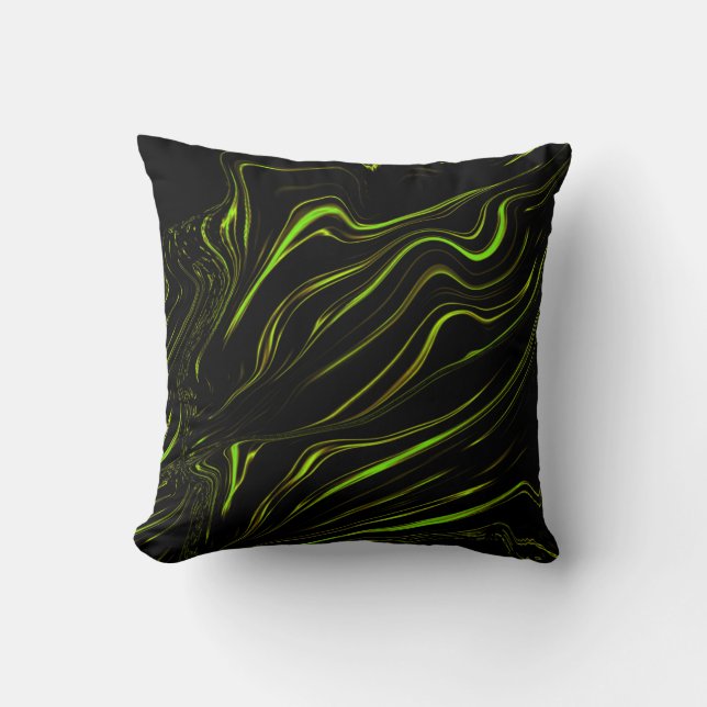Golden grass, wavy green long traces on black fund throw pillow (Front)