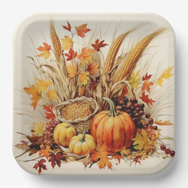 Golden Gratitude Medley: Foliage and Florals Paper Plate (Front)