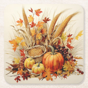 Golden Gratitude Medley: Foliage and Florals Square Paper Coaster