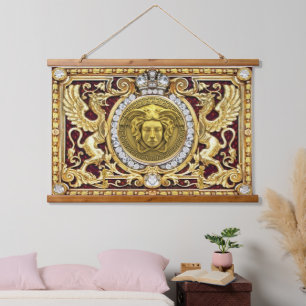 Golden Greek Medusa Wood Topped Wall Tapestry