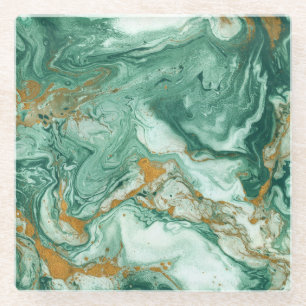 Golden-green acrylic: marble texture art. glass coaster