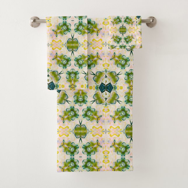 Golden Green Blossom Print Towel Set  (Insitu)