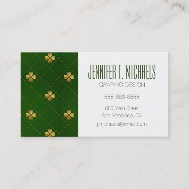 Golden Green Clover Pattern Business Card (Front)