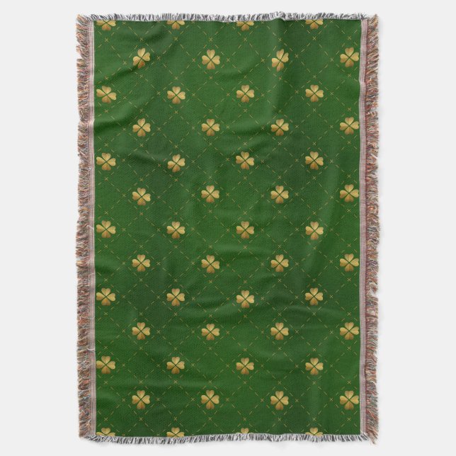 Golden Green Clover Pattern Throw Blanket (Front Vertical)