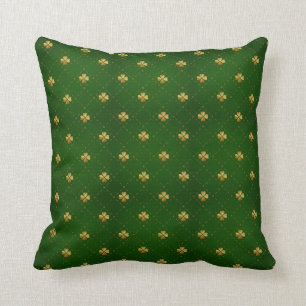 Golden Green Clover Pattern Throw Pillow