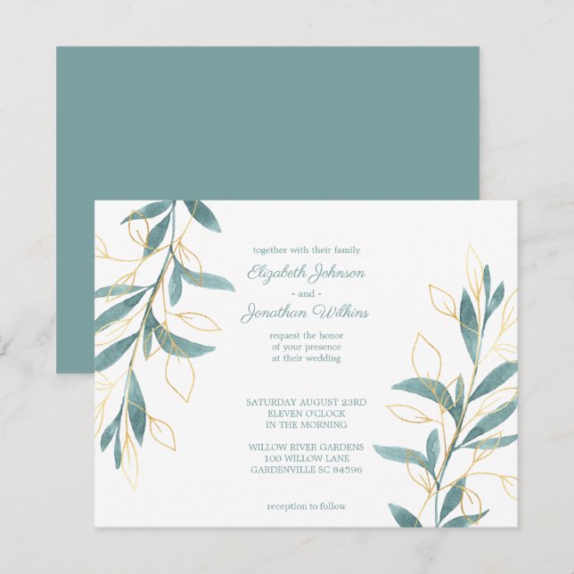 Golden Green Floral Watercolor Wedding Invitation (Front/Back)