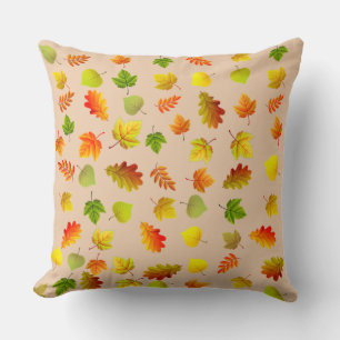 Golden, Green, Orange Autumn Leaves on Beige Throw Pillow