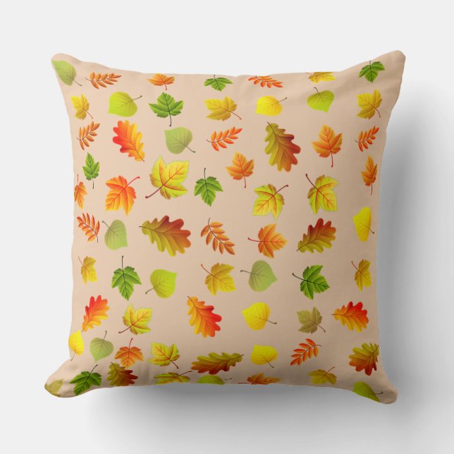 Golden, Green, Orange Autumn Leaves on Beige Throw Pillow (Front)