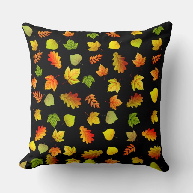 Golden, Green, Orange Autumn Leaves on Black Throw Pillow (Front)