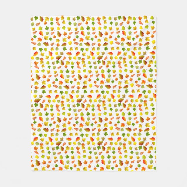 Golden, Green, Orange Autumn Leaves on White Fleece Blanket (Front)