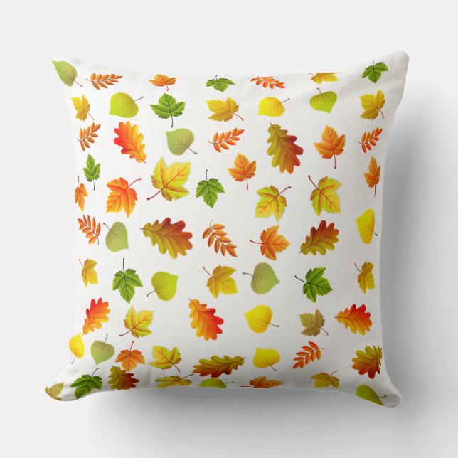 Golden, Green, Orange Autumn Leaves on White Throw Pillow (Front)