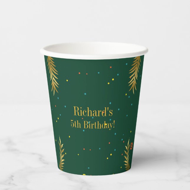 Golden Green Puppy Dog Kid's Birthday Paper Cups (Front)