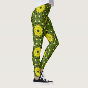 Golden Green Sunburst Kaleidoscope Floral Pattern  Leggings