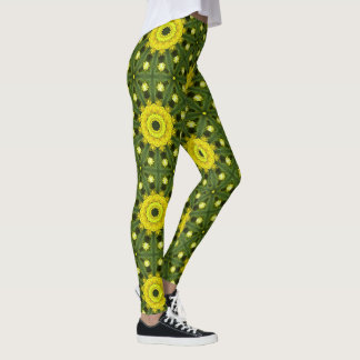 Golden Green Sunburst Kaleidoscope Floral Pattern  Leggings