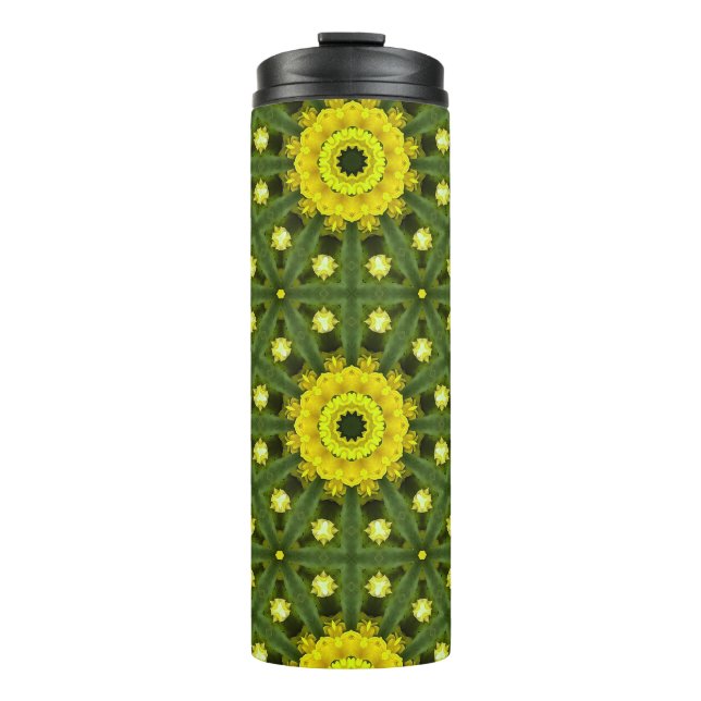 Golden Green Sunburst Kaleidoscope Floral Pattern  Thermal Tumbler (Front)