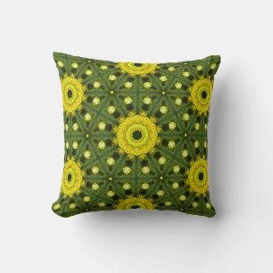 Golden Green Sunburst Kaleidoscope Floral Pattern Throw Pillow