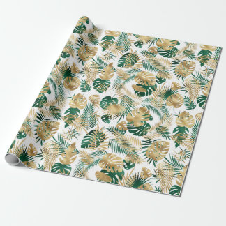 Golden Green Tropical Leaf Pattern Leggings Coffe Wrapping Paper