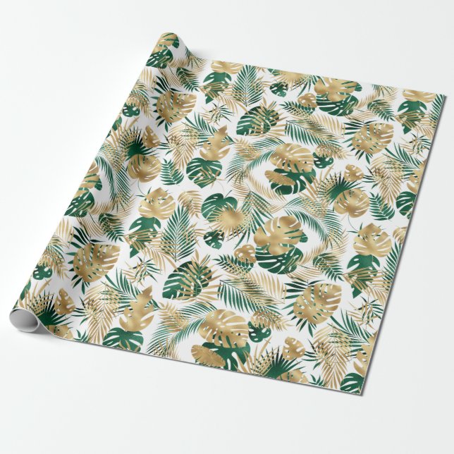 Golden Green Tropical Leaf Pattern  Leggings Coffe Wrapping Paper (Unrolled)